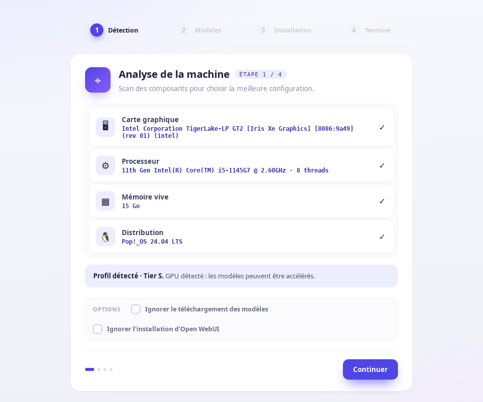 Assistant d'installation SelfLlama, écran de détection du matériel