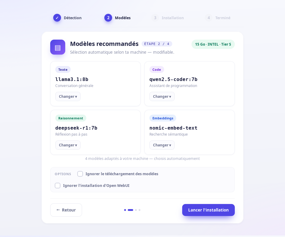 Sélection des modèles par usage dans l'assistant d'installation