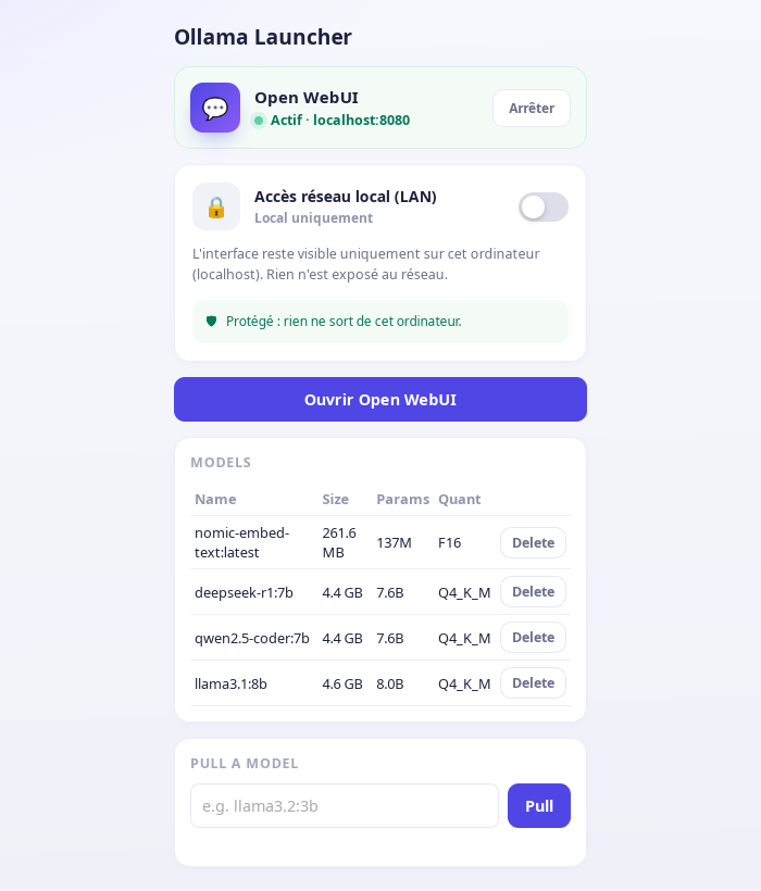 SelfLlama Launcher, gestion du service et de l'accès réseau